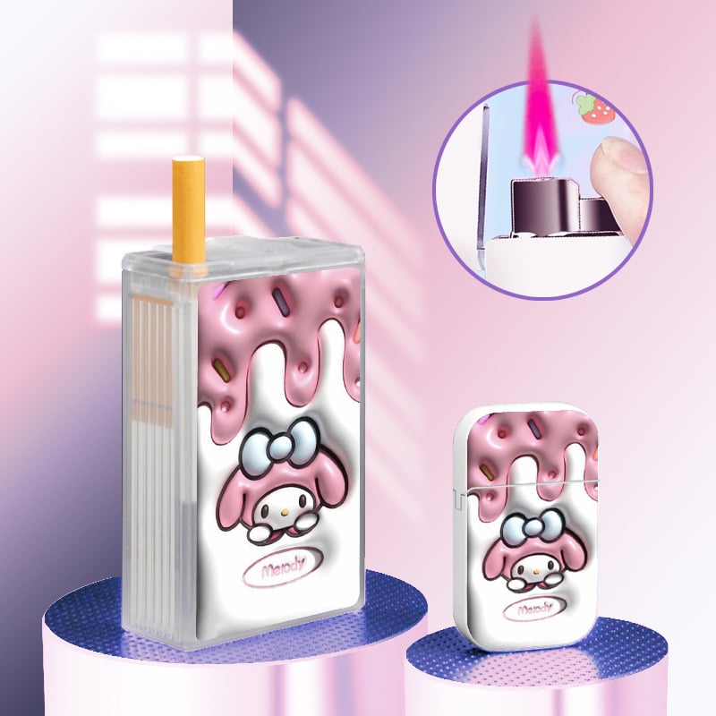 Cartoon 3D cigarette case with windproof lighter pink flame lighter