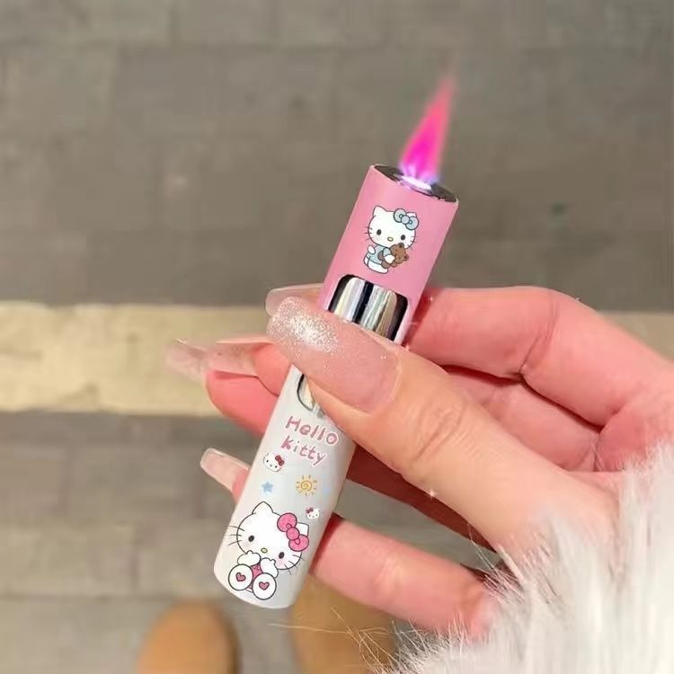 Compact Round Push Lighter Pink Flame