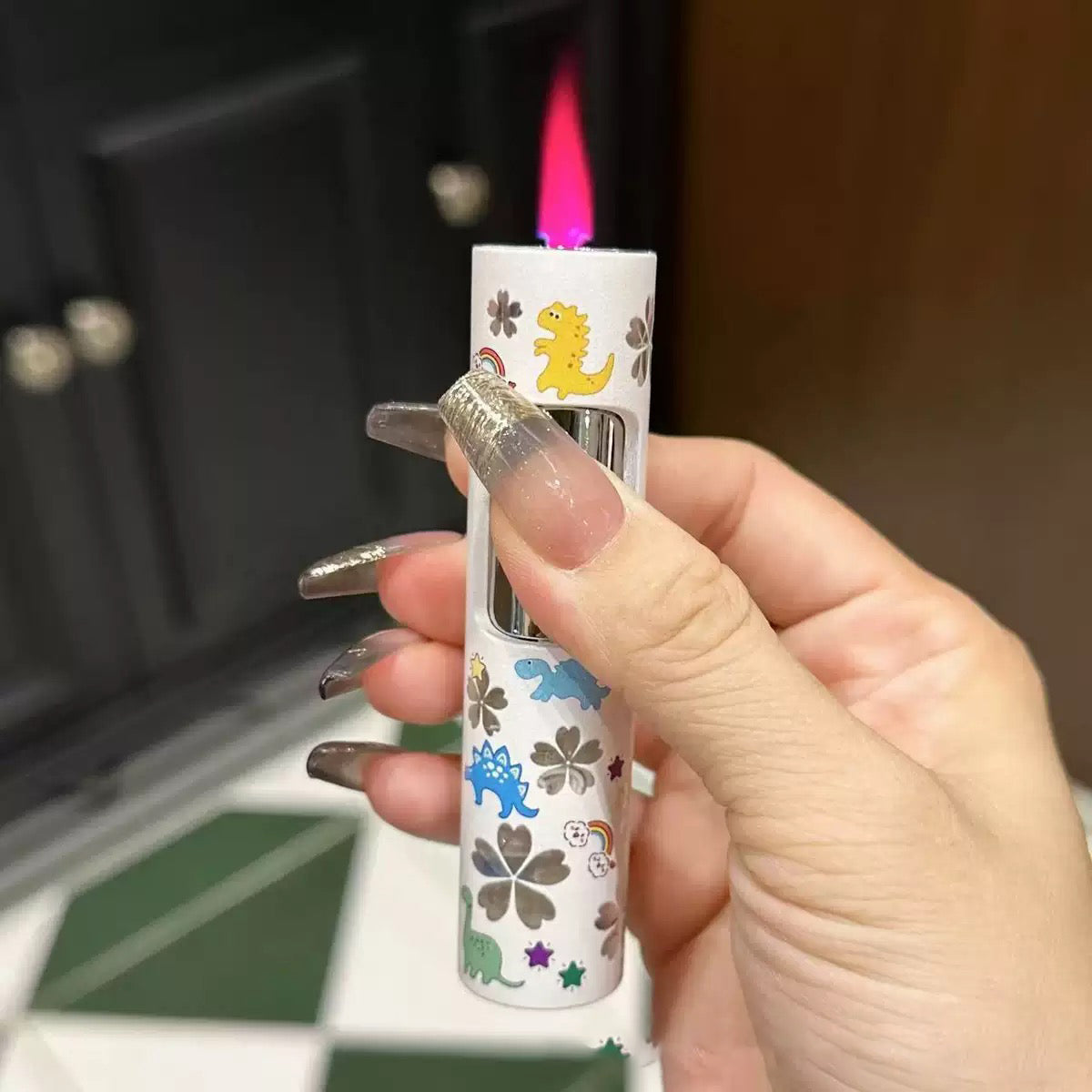 Cylindrical cute lighter pink flame refillable